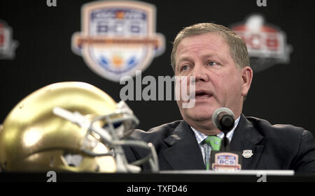 Notre Dame head coach Brian Kelly answers questions during his morning press conference January 6, 2013.  Notre Dame plays University of Alabama in the BCS National Championship in Miami Beach on January 7, 2013.  UPI/Mark Wallheiser Stock Photo