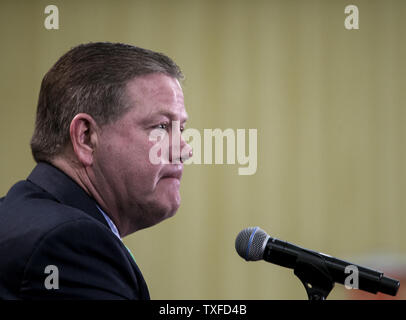 Notre Dame head coach Brian Kelly answers questions during his morning press conference January 6, 2013.  Notre Dame plays University of Alabama in the BCS National Championship in Miami Beach on January 7, 2013.  UPI/Mark Wallheiser Stock Photo