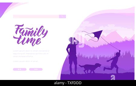 Family time vector landing page template. Father and son spending time together. Fatherhood, parenting web banner. Parent and kid running with kite and dog. Outdoor activities illustration Stock Vector