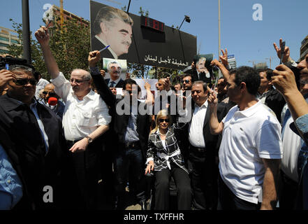 Lebanese journalists protest the closing down of TV, newspaper and radio stations, belonging to the family of parliamentary majority leader Saad Hariri, by Hezbollah fighters on May 10, 2008. On the fourth day of unrest the capital Beirut is calm but clashes are reported in the Chouf Mountains and in the northern city of Tripoli. Armed opposition Hezbollah supporters temporarily held parts of west Beirut but now are slowly withdrawing and handing their positions over to the Lebanese army. (UPI Photo) Stock Photo