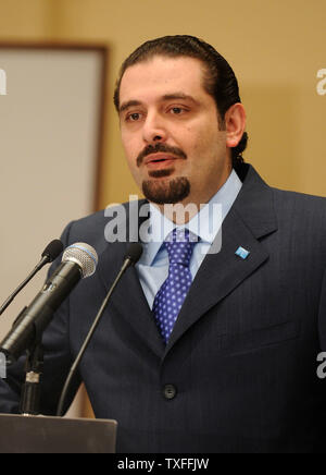 Lebanese Sunni Moslem Parliamentary majority leader Saad Hariri addresses the nation in Lebanon on May 13, 2008. He said that Lebanon would not surrender to the will of Hezbollah, Syria or Iran. Even though the capital Beirut remains calm, Lebanon has a whole is tense with clashes continuing between pro and anti-government forces in and around the northern city of Tripoli. Over 60 people have been killed in the fighting, most of them civilians. (UPI Photo) Stock Photo