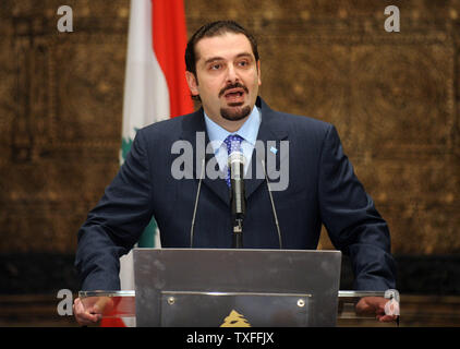 Lebanese Sunni Moslem Parliamentary majority leader Saad Hariri addresses the nation in Lebanon on May 13, 2008. He said that Lebanon would not surrender to the will of Hezbollah, Syria or Iran. Even though the capital Beirut remains calm, Lebanon has a whole is tense with clashes continuing between pro and anti-government forces in and around the northern city of Tripoli. Over 60 people have been killed in the fighting, most of them civilians. (UPI Photo) Stock Photo