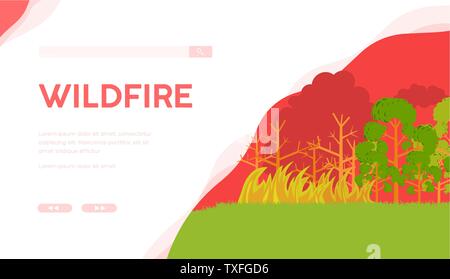 Wildfire vector landing page template. Burning forest flat illustration. Firefighting web banner design. Behavior rules in forest informative article, website layout. Ecological problem Stock Vector