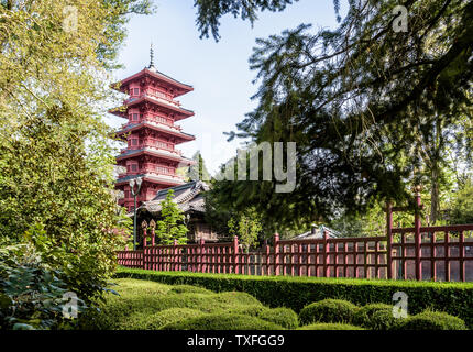 The Japanese tower built in 1905 in the Royal Domain of Laeken in Brussels, Belgium, is one of the three buildings of the Museums of the Far East. Stock Photo