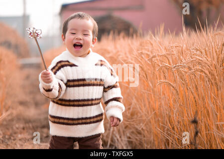 A happy, curious little boy in a rice field.