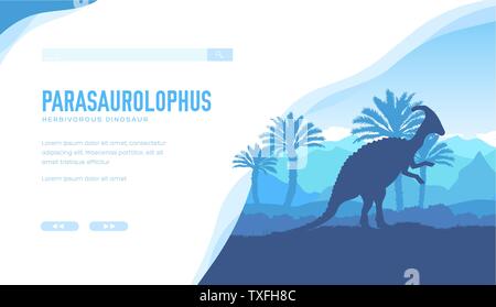 Parasaurolophus vector landing page template. Archeological, paleontological exhibition web banner design. Herbivorous dinosaur on minimalistic landscape background. Prehistoric animal illustration Stock Vector
