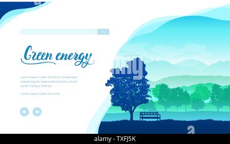Green energy vector landing page template. Ecology friendly farm, village web banner flat layout. Eco future, environment protection. Tree day. Peaceful nature landscape minimalistic illustration Stock Vector
