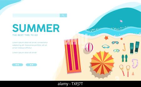 Summer holiday vacation vector landing page template. Sea resort web banner design. Beach entertainments for tourists flat illustration. Beach accessories online store website homepage Stock Vector