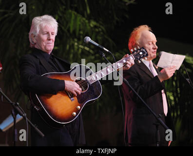 Graham Nash (L) performs with Peter Asher during a tribute concert memorializing Buddy Holly, J.P. 'The Big Booper' Richardson and Ritchie Valens at the Surf Ballroom in Clear Lake, Iowa on February 2, 2009. The three rock 'n' roll pioneers played their last show at the Surf Ballroom 50 years ago to the day. Singer Don McLean coined the phrase 'the day the music died' in his hit song American Pie referring to the death of the plane crash that killed the three stars in the early morning hours of February 3, 1959.  (UPI Photo/Brian Kersey) Stock Photo