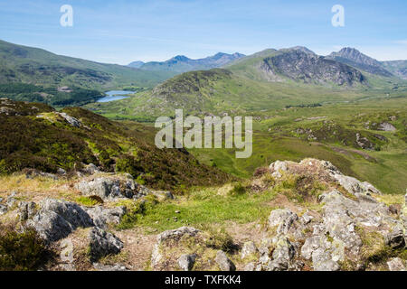 View from Crimpiau mountain top to Ogwen Valley and Snowdon horseshoe in Snowdonia National Park. Capel Curig, Conwy, north Wales, UK, Britain Stock Photo