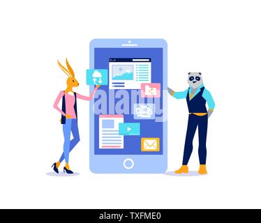 SMM, SEO vector poster concept. Digital marketing, targeting advertising. Lead generation, analytics. App UI development. Video blogging, vlogging. Animal metaphor for marketers cartoon characters Stock Vector