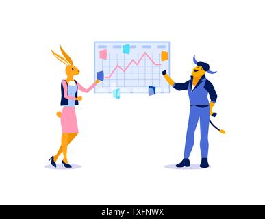 Marketing analytics, business metrics vector illustration. Investors analyzing infographics isolated clipart. Animal metaphor for analysts cartoon characters. Effective teamwork flat poster concept Stock Vector