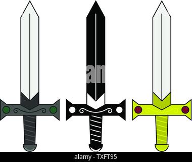 Collection of Cartoon Medieval Swords. Set of Decoration Weapon for Computer Game Design. Fantasy Knifes. Vector Illustration for Your Design, Game, C Stock Vector