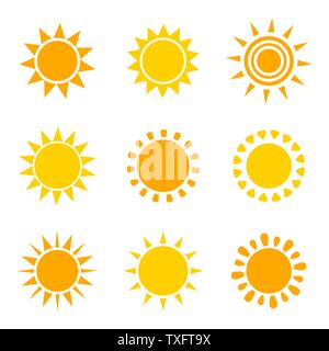 Set of orange and yellow sun icons on white background. Vector illustation Stock Vector