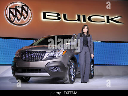 Mary Barra, Senior Vice President, Global Product Development, of General Motors Company, introduces the 2013 Buick Encore at the 2012 North American International Auto Show on January 10, 2012 in Detroit, Michigan.   UPI/Brian Kersey Stock Photo