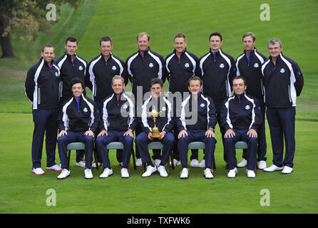 The European team of Rory McIlroy of Northern Ireland, Luke Donald of England, team captain Jose Maria Olazabal of Spain, Graeme McDowell of Northern Ireland, Francesco Molinari of Italy (front row L-R), Sergio Garcia of Spain,  Martin Kaymer of Germany, Lee Westwood of England, Peter Hanson of Sweden, Ian Poulter of England, Justin Rose of England, Nicolas Colsaerts of Belgium, and Paul Lawrie of Scotland pose for a photograph before the start of the 39th Ryder Cup at Medinah Country Club on Tuesday, September 25, 2012 in Medinah, Illinois. Ryder Cup play begins Friday.      UPI/Brian Kersey Stock Photo