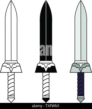 Cartoon, Outline, Black Sword isolated on white background. Medieval Weapon. Adventure Items. Vector illustration for Your Design, Game, Card, Web. Stock Vector