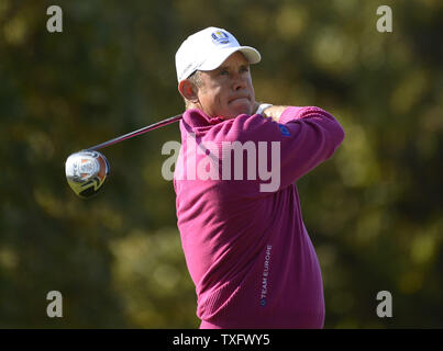 Team Europe's Lee Westwood of England tees off on the 12th hole at the 39th Ryder Cup at Medinah Country Club on September 29, 2012 in Medinah, Illinois.     UPI/Brian Kersey Stock Photo