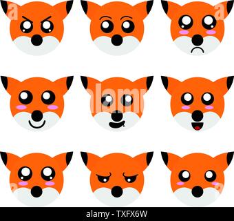 Collection of Cartoon Fox Faces isolated on white background. Different Emotions, Expressions. Anime Style. Vector Illustration for Your Design, Game, Stock Vector