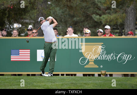 International Team member Hideki Matsuyama of Japan tees off on the sixth hole during the fourball matches at the 2013 Presidents Cup at Muirfield Village Golf Club in Dublin, Ohio on October 3, 2013.  UPI/Brian Kersey Stock Photo
