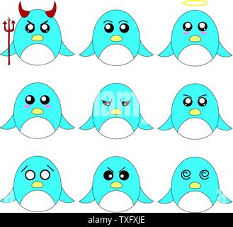Collection of Penguin Smiley Faces isolated on white background. Different Emotions, Expressions. Vector Illustation for Your Design, Game, Card. Stock Vector