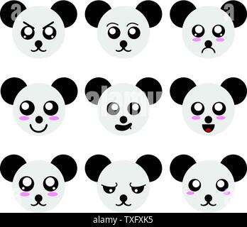 Collection of Panda Smiley Faces isolated on white background. Different Emotions. Vector Illustration for Your Design, Game, Card. Stock Vector