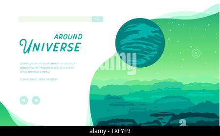 Around Universe vector landing page template. Space exploration. Planetarium, cinema website homepage design. Astronomy courses web banner with text space. Planet minimalistic illustration Stock Vector