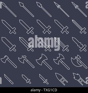 Set of 25 outline weapon icons isolated on white background. Medieval weapon silhouette. Vector illustration for your design, game, card, web. Stock Vector