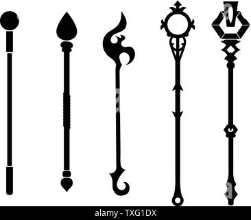Set of Staff Icons isolated on white background. Magic Weapon. Vector Illustration for Your Design, Game, Card, Web. Stock Vector