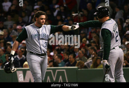 Boston Red Sox pitcher Tim Wakefield reacts following a home run hit by  Tampa Bay Devil Rays designated hitter Jonny Gomes at Fenway Park in Boston  on April 20, 2006. Tampa Bay