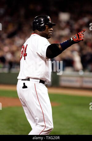 Boston Red Sox designated hitter David Ortiz doubles in the eighth inning  against the Colorado Rockies at Fenway Park in Boston on June 12, 2007. The Red  Sox defeated the Rockies 2-1. (