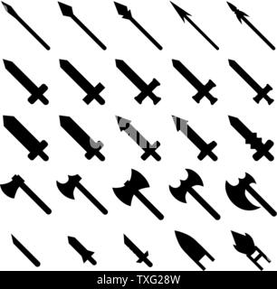 Set of 25 Black Silhouette Weapon Icons isolated on white background. Swords, Spears, Axes, Knives. Vector illustration for Your Design, Game, Web. Stock Vector