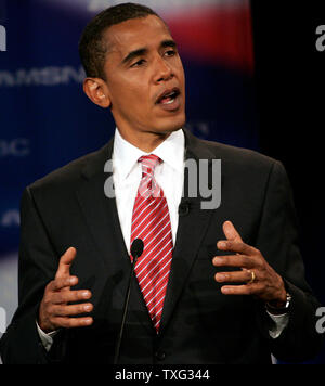 Democratic presidential candidate Senator Barack Obama (D-IL) responds to a question at the Democratic presidential debate at Dartmouth College in Hanover, New Hampshire on September 26, 2007. (UPI Photo/Matthew Healey) Stock Photo