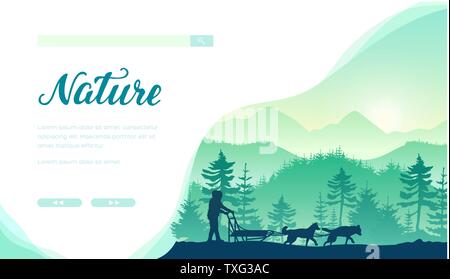 Sled dog racing vector landing page template. Husky sledding service web banner with text space. Minimalistic landscape flat illustration. Winter sports and entertainment. Nature cursive calligraphy Stock Vector