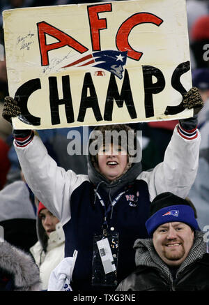 A New England Patriots fan holds up a sign in the stands after the team defeated the San Diego Chargers 21-12 in the AFC Championship game at Gillette Stadium in Foxboro, Massachusetts on January 20, 2008.    (UPI Photo/Matthew Healey) Stock Photo