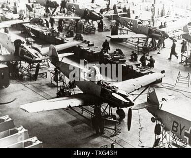 Assembly line of the German Messerschmitt BF-109 fighter planes in the Messerschmitt factories in Regensburg. 1940 Stock Photo