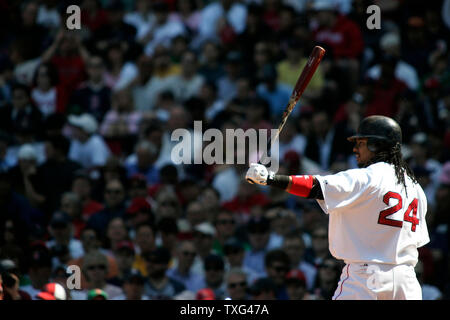 Boston Red Sox' Manny Ramirez is hit by a pitch with bases loaded in the  bottom of the 10th inning by Oakland Athletics pitcher Keiichi Yabu at  Fenway Park in Boston, Friday