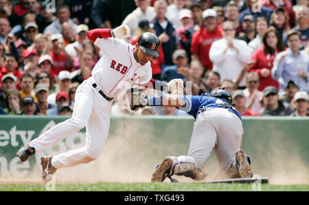 Boston Red Sox's Julio Lugo (L) is tagged out at home by Kansas City Royals catcher Miguel Olivo (21) after a single by Red Sox batter David Ortiz in the fourth inning at Fenway Park in Boston, Massachusetts on May 22, 2008.  (UPI Photo/Matthew Healey) Stock Photo