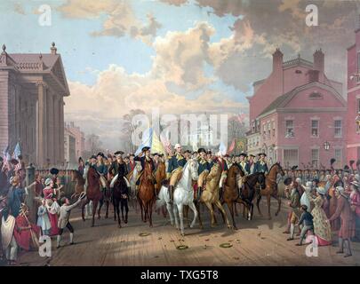 Revolutionary War 1775-1783 (American War of Independence) : George Washington riding in triumph through streets of Boston after 11-month siege ended with the withdrawal (evacuation) of British  forces Chromolithograph Stock Photo