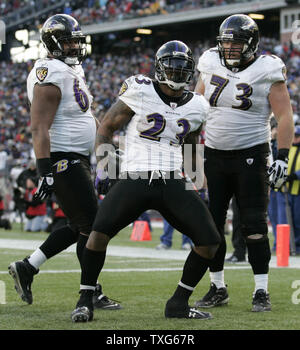 Baltimore Ravens running back Willis McGahee (23) celebrates in the end zone with teammates center Chris Chester (65) and guard Marshal Yanda (73) after scoring in the third quarter against the New England Patriots in the AFC Wildcard game at Gillette Stadium in Foxboro, Massachusetts on January 10, 2010.  The Ravens defeated the Patriots 33-14.   UPI/Matthew Healey Stock Photo