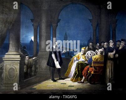 Galileo shows his telescope to the Doge Leonardo Donato From a painting by H. J. Detouche Stock Photo