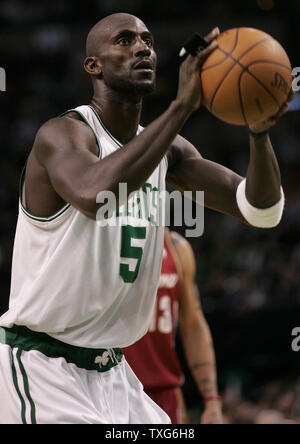 Boston Celtics forward Kevin Garnett (5) takes a free throw against the Cleveland Cavaliers in the second half at the TD Garden in Boston, Massachusetts on February 25, 2010.  The Cavaliers defeated the Celtics 108-88.   UPI/Matthew Healey