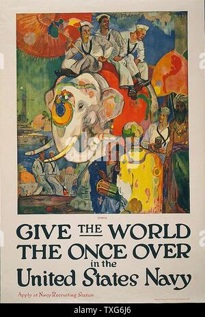 World War I : USA Navy recruitment poster  'Give the World the Once Over in the United States Navy' - American sailors being tourists in India, riding an elephant, seeing the sights, and taking photographs Lithograph Stock Photo