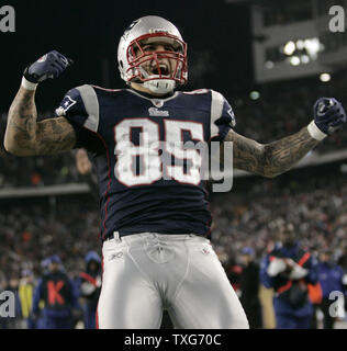 New England Patriots tight end Aaron Hernandez (85) celebrates in the  endzone after scoring on a 10-yard touchdown reception in the fourth  quarter against the Green Bay Packers at Gillette Stadium in Foxboro,  Massachusetts on December 19, 2010. The