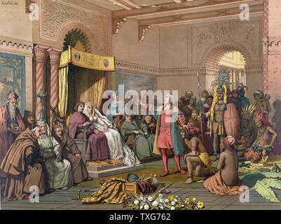Columbus at the Court of Barcelona before Ferdinand II of Aragon and Isabella of Castile on his return from his first voyage to the New World, February 1493 Chromolithograph Stock Photo