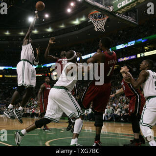 Boston Celtics forward Kevin Garnett (L) goes up for two points against the Miami Heat in the second half of the Eastern Conference Semifinals at the TD Garden in Boston, Massachusetts on May 7, 2011.   UPI/Matthew Healey