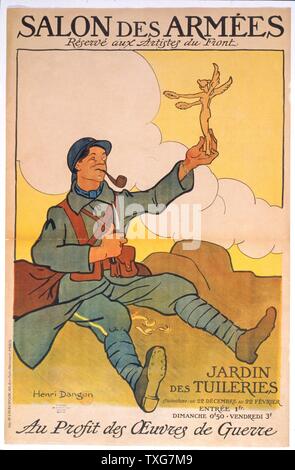 World War I   : French frontline soldier holding statue of Victory he has carved. Winning poster by Henri Dangon for Salon des Armees, exhibition of work of fighting artists held in Paris Stock Photo