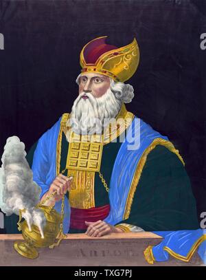 Aaron, brother of Moses and first High Priest of the Israelites  Aaron in priest's robes and holding incense censer  Lithograph Stock Photo