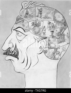 World War I   cartoon : Phrenological map of the German Kaiser's brain 'Sinking 'Lusitania'; Humanity : Giving poisoned sweet to a child; Generosity : Shooting nurses : Chivalry : ...' Stock Photo