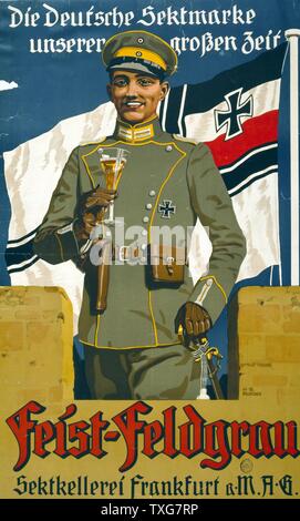 Poster of a German Army officer holding glass of sekt (champagne) with name Feist Sekt on it.  Patriotic advertisement for Feist Sektkellerei, Frankfurt am Main Lithograph Stock Photo